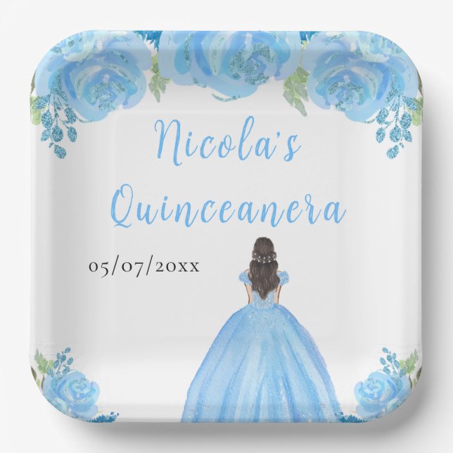 Plato De Papel Brown Hair Princess Blue Floral Quinceanera (Anverso)