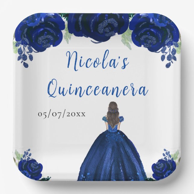 Plato De Papel Brown Hair Princess Navy Floral Quinceanera (Anverso)