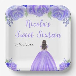 Plato De Papel Brown Hair Princess Purple Floral Sweet Sixteen 