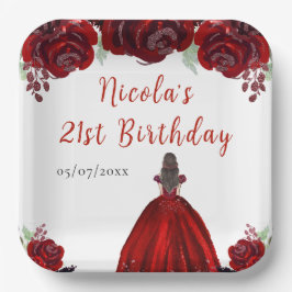 Plato De Papel Brown Hair Princess Red Floral Birthday