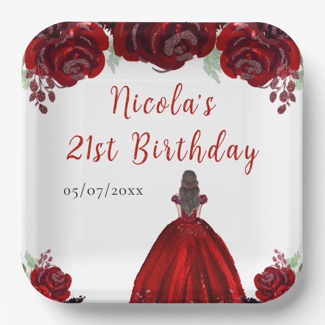 Plato De Papel Brown Hair Princess Red Floral Birthday (Anverso)
