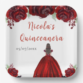 Plato De Papel Brown Hair Princess Red Floral Quinceanera