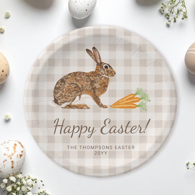 Plato De Papel Brown Hare And Carrots Happy Easter Beige Gingham (Subido por el creador)