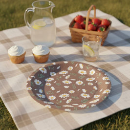 Plato De Papel Brown Paper Plate with Daisy Flowers - Birthday