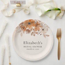 Plato De Papel Brown Watercolor Flowers Boho Style