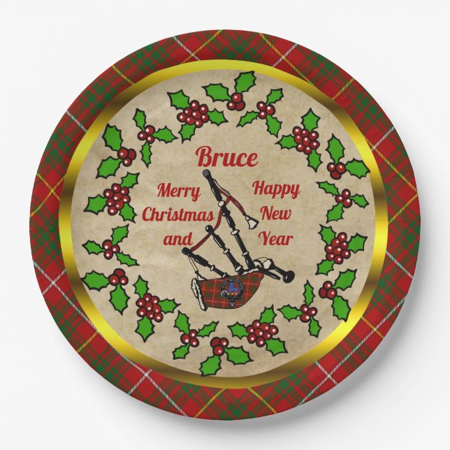 Plato De Papel Bruce Tartan Bagpipe Holiday (Anverso)