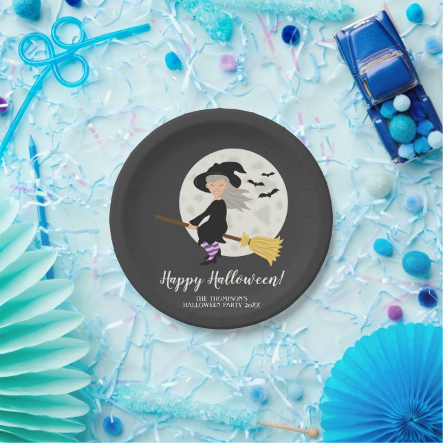 Plato De Papel Bruja Adorable Y Texto Personalizable De Evento De (Fiesta)