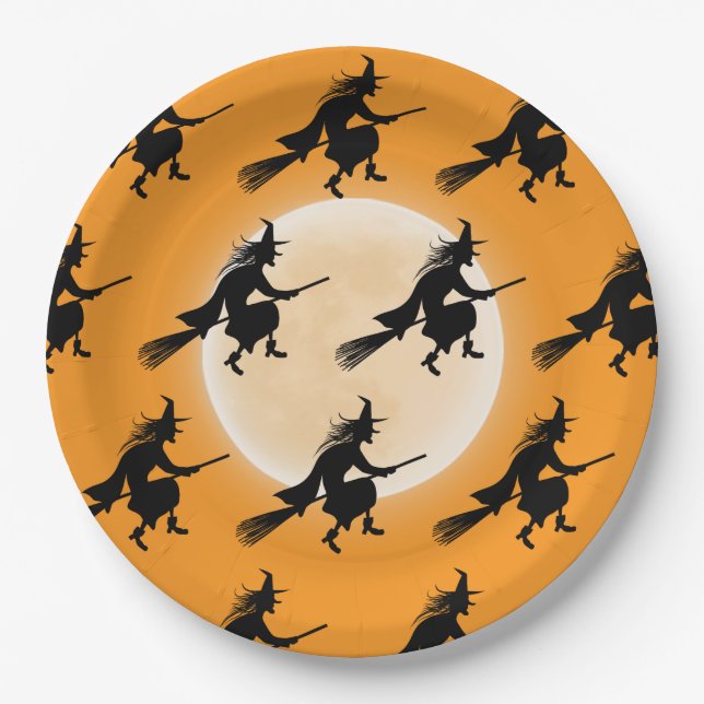 Plato De Papel Bruja de cumpleaños de Halloween para niños (Anverso)