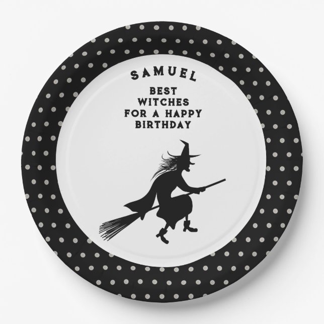 Plato De Papel Bruja de cumpleaños de Halloween para niños (Anverso)