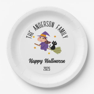 Plato De Papel Bruja de Halloween con nombre personalizado en una