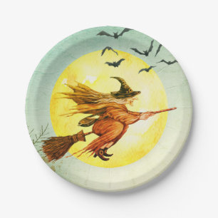 Plato De Papel Bruja De Halloween En Broomstick