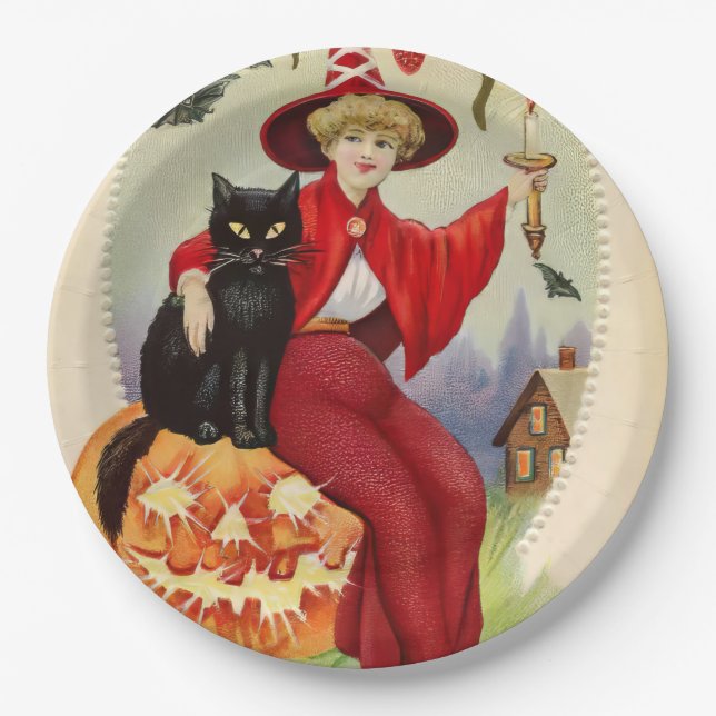 Plato De Papel Bruja de Halloween y gato negro (Anverso)