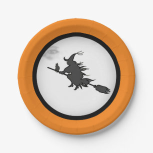 Plato De Papel bruja de Halloween y gato negro en naranja y blanc