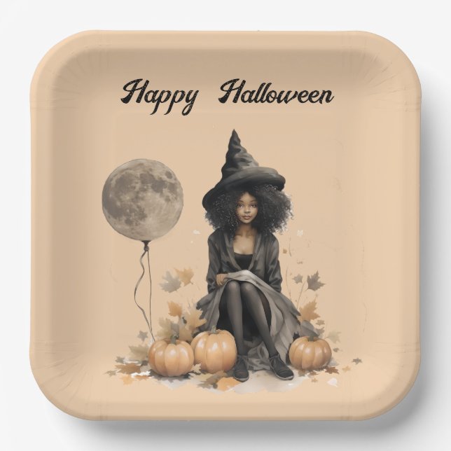 Plato De Papel Bruja de Halloween y globo lunar completo (Anverso)