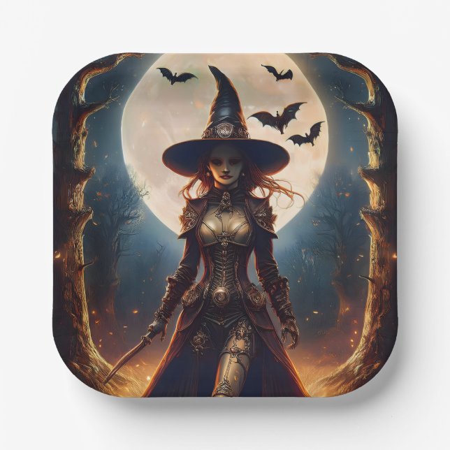 Plato De Papel Bruja del Bosque Steampunk de Halloween (Anverso)