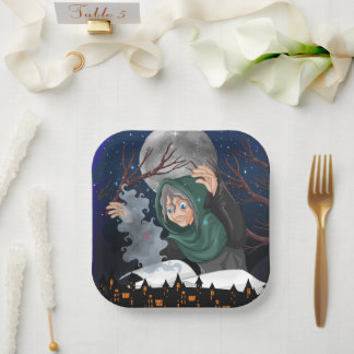 Plato De Papel Bruja espeluznante y casa embrujada Halloween🌙