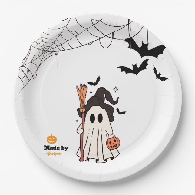 Plato De Papel Bruja fantasma de Halloween con cuarto y calabaza (Anverso)