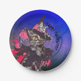 Plato De Papel Bruja Gato Feliz Halloween