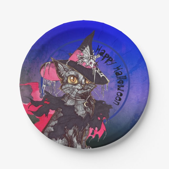 Plato De Papel Bruja Gato Feliz Halloween (Anverso)