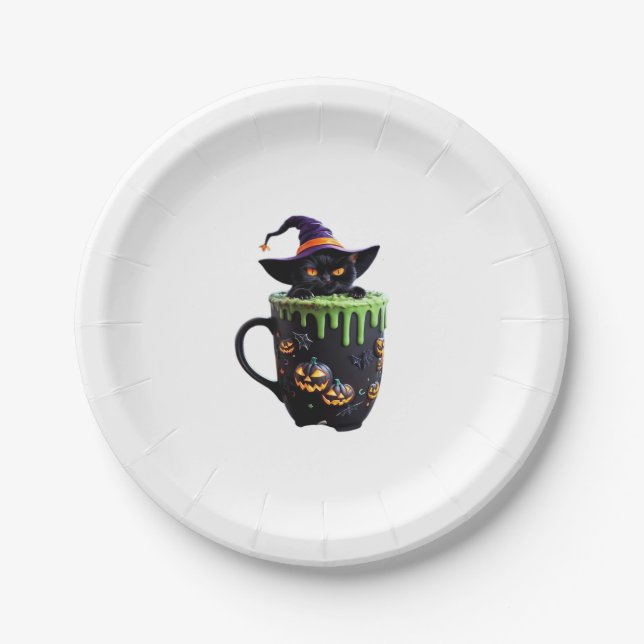 Plato De Papel Bruja Gato Halloween Café Mug - Gato negro lindo w (Anverso)
