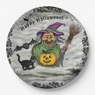 Plato De Papel Bruja, gato, murciélago y calabaza, ¡Feliz Hallowe