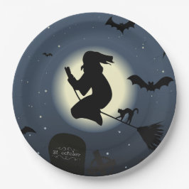 Plato De Papel Bruja, gato negro y murciélagos