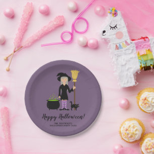 Plato De Papel Bruja Linda Con Un Gato Texto Personalizado De Eve