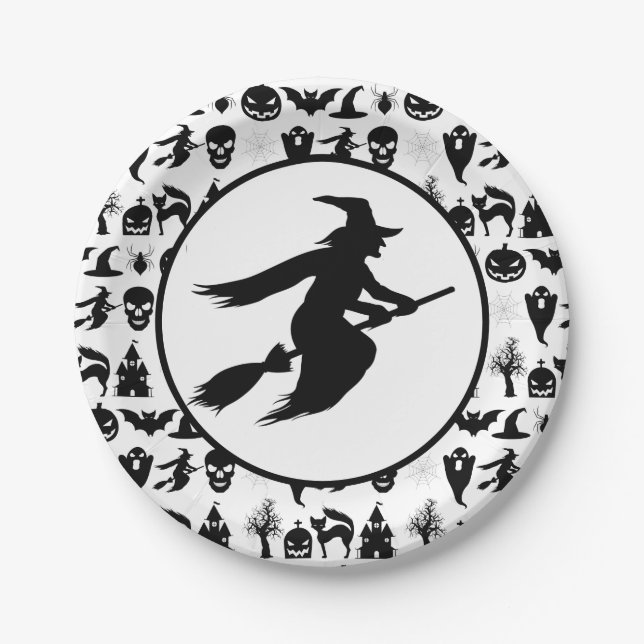 Plato De Papel Bruja negra y blanca de Halloween (Anverso)