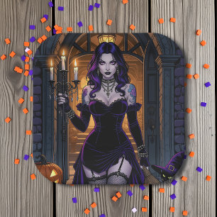 Plato De Papel Bruja negra y púrpura con Halloween en Candelabra