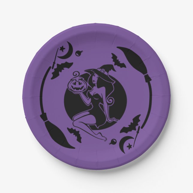 Plato De Papel Bruja sosteniendo una calabaza (Anverso)