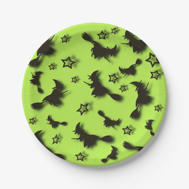 Plato De Papel Bruja voladora entre las estrellas en la noche de  (Anverso)