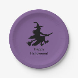 Plato De Papel Bruja Voladora - Morado - Feliz Halloween -