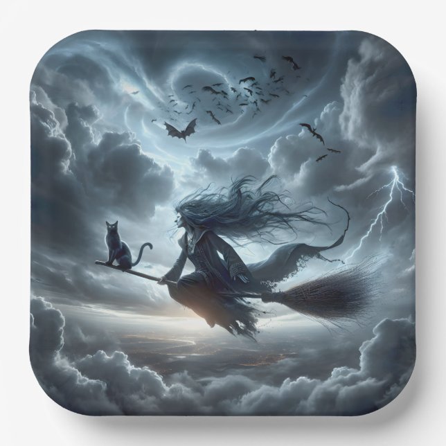 Plato De Papel Bruja y gato de Halloween en una habitación (Anverso)