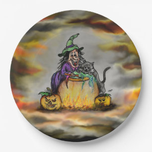 Plato De Papel Bruja y gato negro, ¡Feliz Halloween!