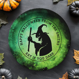 Plato De Papel Bruja y texto personalizado verde negro Halloween