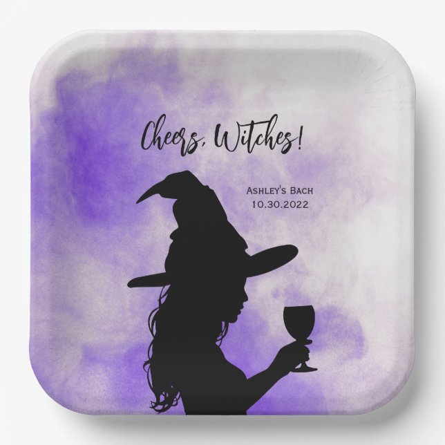 Plato De Papel Brujas de vítores, brujas de Halloween sosteniendo (Anverso)