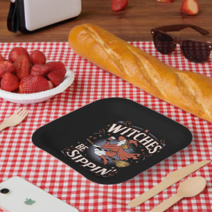 Plato De Papel Brujas Están Bebiendo Halloween Día Festivo Espelu