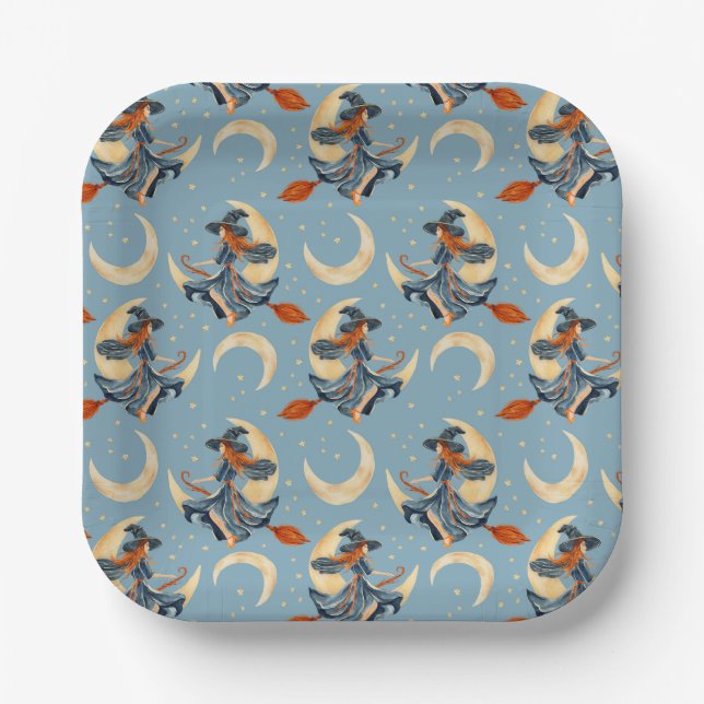 Plato De Papel Brujas volando en la luna creciente (Anverso)