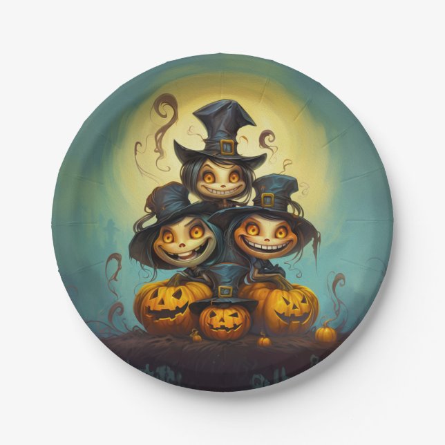 Plato De Papel Brujas y calabazas lindas de Halloween (Anverso)