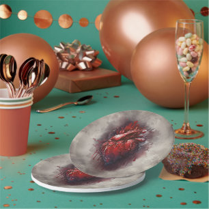 Plato De Papel Brujería Corazón con goteo sangrado rojo y dorad