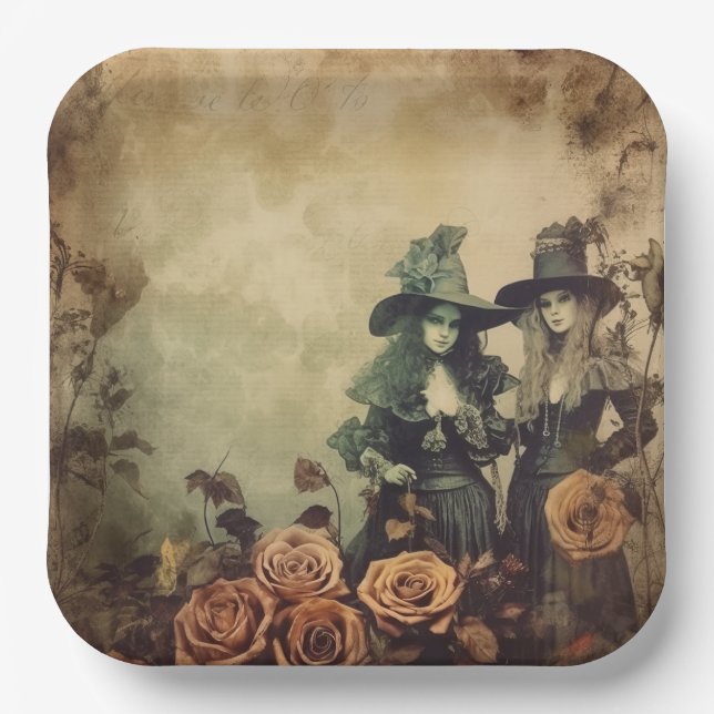 Plato De Papel Brujería de Halloween vintage (7) (Anverso)