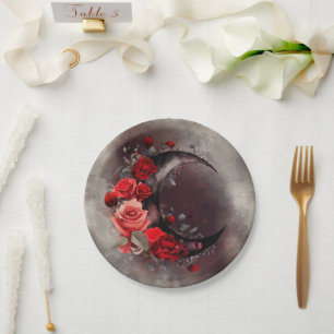 Plato De Papel Brujería Luna Crescent con rosas rojas góticas