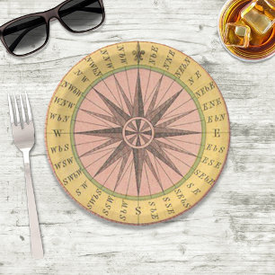 Plato De Papel brújula nautica retro pastel