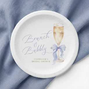 Plato De Papel Brunch & Bubbly Blue Bow Despedida de Soltera