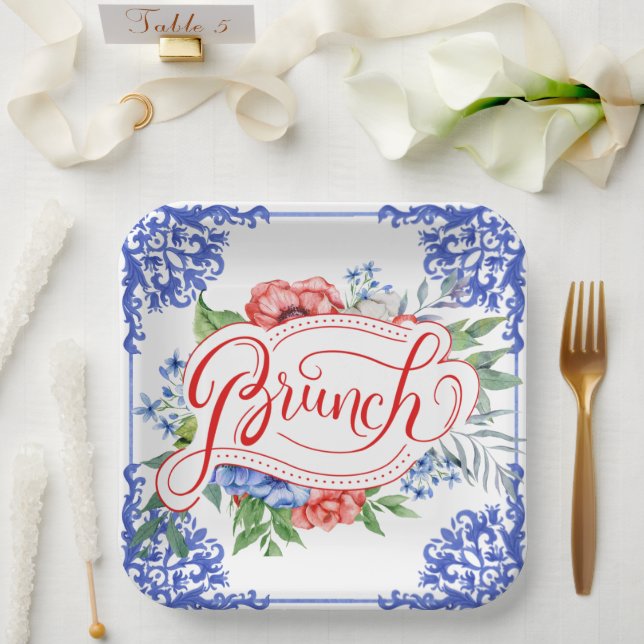 Plato De Papel Brunch de novias florales rojo, blanco y azul | Du (Boda)