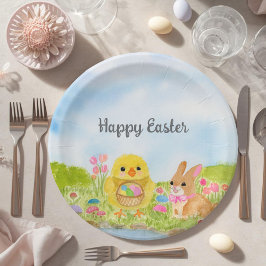 Plato De Papel Brunch de Pascua con Pollito y Conejo de Pascua