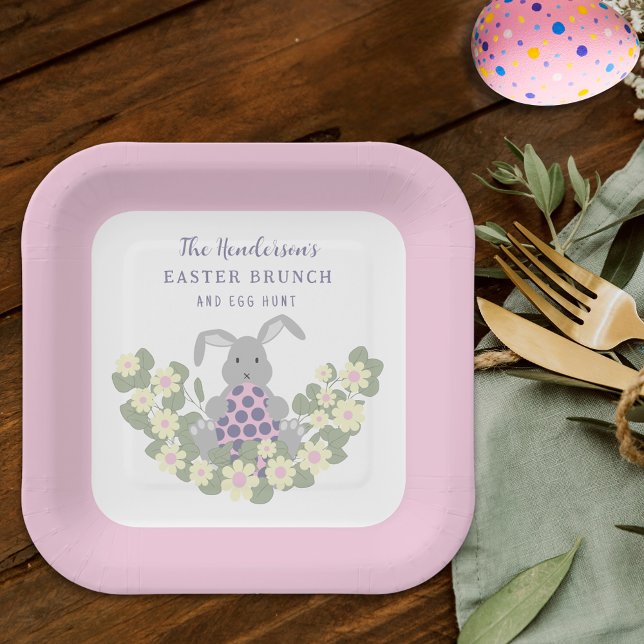 Plato De Papel Brunch de Pascua y cacería de huevo Bunny Floral P (Personalized Easter brunch and egg hunt cute bunny spring party pink paper plate)