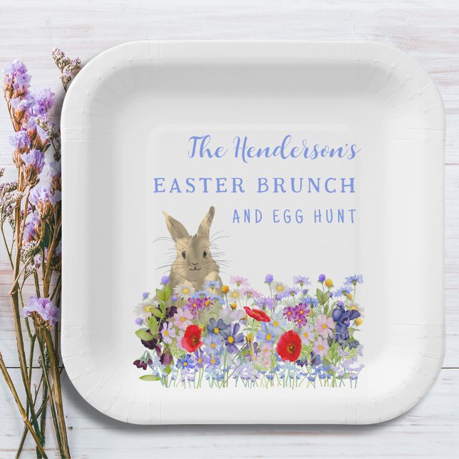 Plato De Papel Brunch de Pascua y Personalizado Floral Bunny Hunt (Easter brunch and egg hunt floral custom paper plates with cute bunny and watercolor wildflowers )