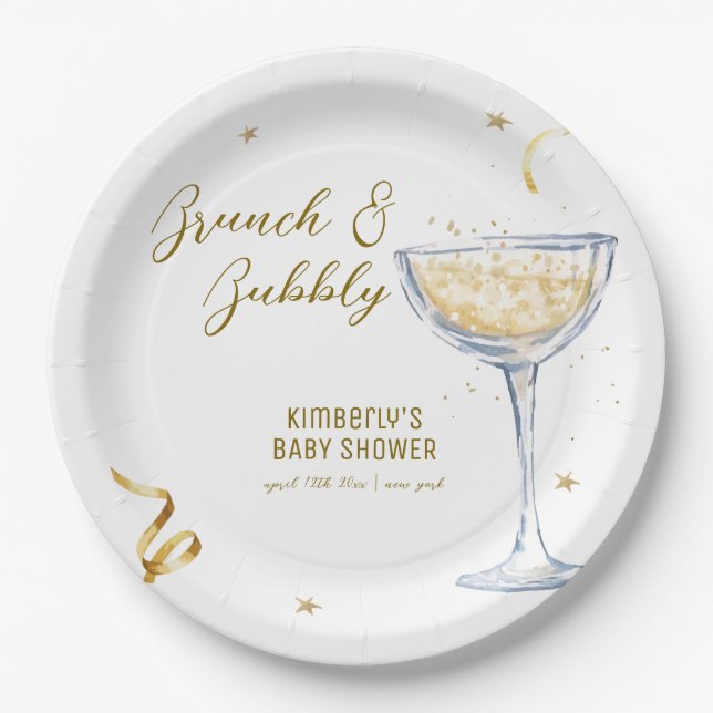 Plato De Papel Brunch Gold Elegante Bubbly Champagne Baby Shower (Anverso)