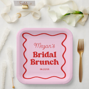 Plato De Papel Brunch rosa rojo ondulado fronterizo de novias Bru